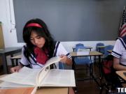 Asian schoolgirls pleasure teachers cock for a facial reward