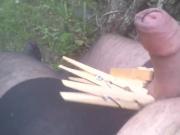 Slave with pantyhose, clothespins on cock and double cumshot