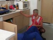 Grey Haired Granny in Red Top Stockings Cleans Up