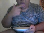 Fat boy cums on plate
