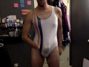 Gay Man Masturbates in White Womens One Piece Swimsuit