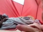 Mousy blonde milf fucked to a creampie finish in a tent