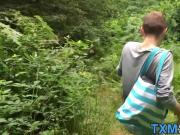 Amateur goes to the woods to ride a dildo while jerking off