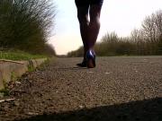 walking in blue black ombre shoes.