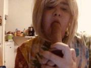 BifloXXX blonde crossdresser deepthroat dildo