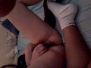 Cumshot on Anna's leg and pussy while masturbating
