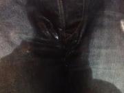Just got home in denim, fishnets and red silk panties