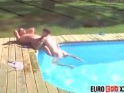 Horny jock fucks boyfriend at private outdoor pool