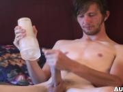 Handsome deviant tugging cock and putting it in fleshlight