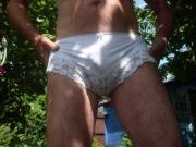White lacy panties, pee and cum