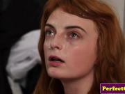Stockinged redhead facialized in office