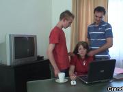 Granny and boys teen threesome in the office