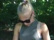 Sexy White Woman Playing With Pussy on Park Bench
