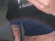 Slim teen playing with big shaved cock and balls - buttplug
