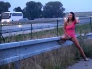 Public Pissing On The Highway For Sexy Brunette