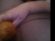 My wife with shaved pussy plays with a sausage