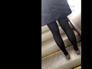 Cum on asian girl pantyhose leg on escalator