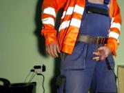 Squirting a thick load in overalls during work break