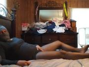 Crossdresser stroking in black pantyhose