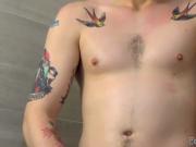 Inked Ryan Fields peeing before cum spilling solo