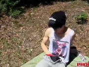 Sexy Asian twink Daniel Tanner pleasures himself outdoor