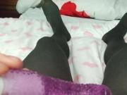 In pantyhose, rubbing my clit with vibrator until I cum.
