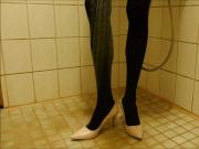 Showering in nude stiletto high heels and pantyhose