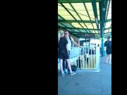 See-through dress at the train station