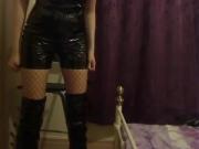 Shorter PVC thigh high boots and fishnet tights