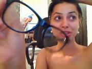 Girl in glasses sucks her mans cock then takes facial