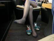 Candid Asian Feet in Nylons at Coffee Shop