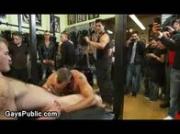 Gays gangbang in bed in leather shop