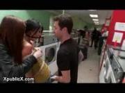 Couple clamps and toys bound babe in laundry