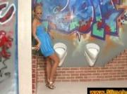 Blonde in satin clothes catches jizz