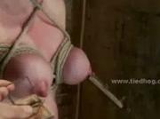 Busty blonde slut with enormous tits tied and tortured with bonda