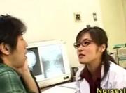 Asian nurse babe jerks off guy