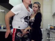 Busty Babe Cheating with Dude at their Kitchen