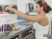 Perky teen rides thick dick in laundromat