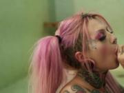 Busty tattooed babe sucks and fucked by stepbros big cock
