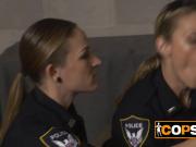 Slutty female cops are deep throating a fake soldier's BBC.