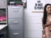 Sporty Latina thief throats and fucks in the back room