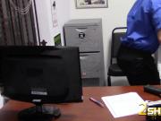 Rough sex in the office with petite teen and horny officer.