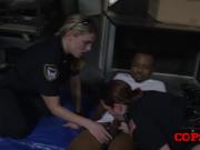 A black dude gets hard fucked by two blonde cops that want his massive cock inside their wet pussies