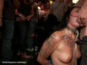 Bound slut fucked in crowded pool bar