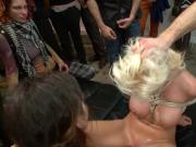 Blindfolded blonde fingered in public