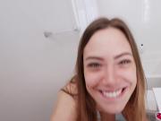Beautiful teen Avery fucking herself with a dildo in the bathroom