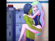 Really hot Rainbow hair Girl fucks a cute Monster on a Wall in a Highschool