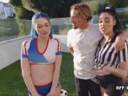 Soccer chicks sharing dick in foursome