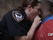 Rough interracial sex in a basement with two big titty white MILF cops.