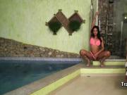 Pink bikini shemale enjoying solo